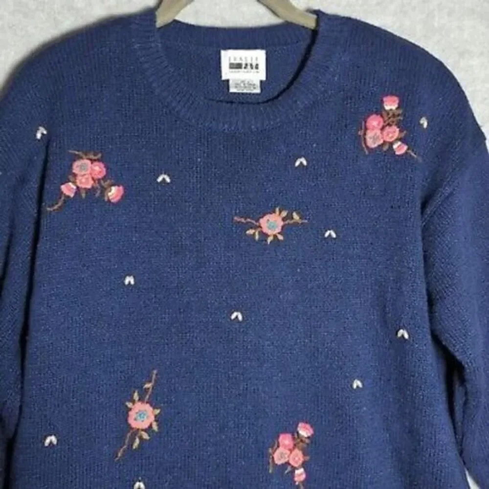 Leslie Fay Floral Embroidered Womens Sweater L Navy Granny‎ Vtg Retro Ramie 80s